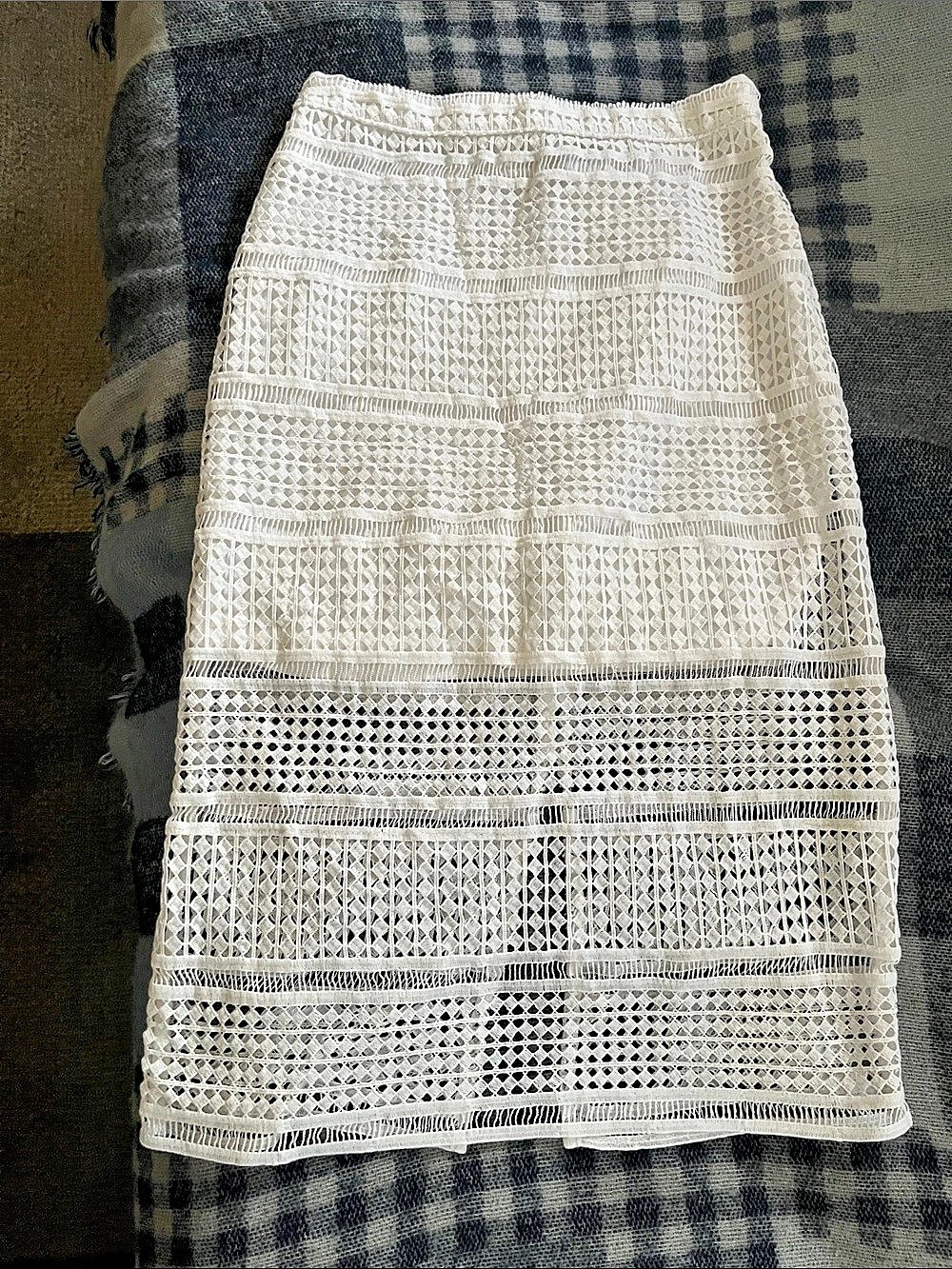 White Geometric Lace Midi Skirt